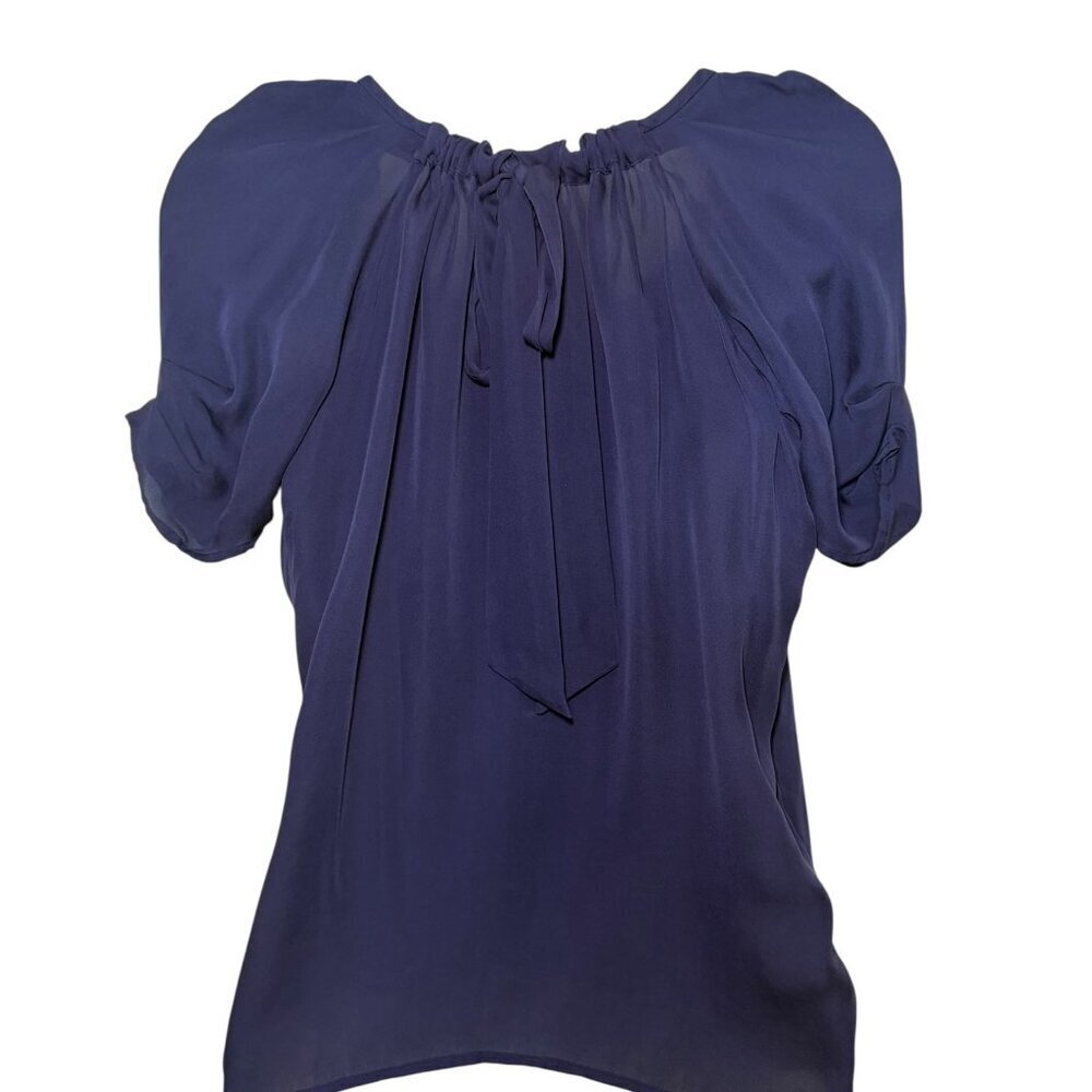 Joie Navy 100% Silk Puff Sleeve Gathered Blouse XS - Picture 3 of 5